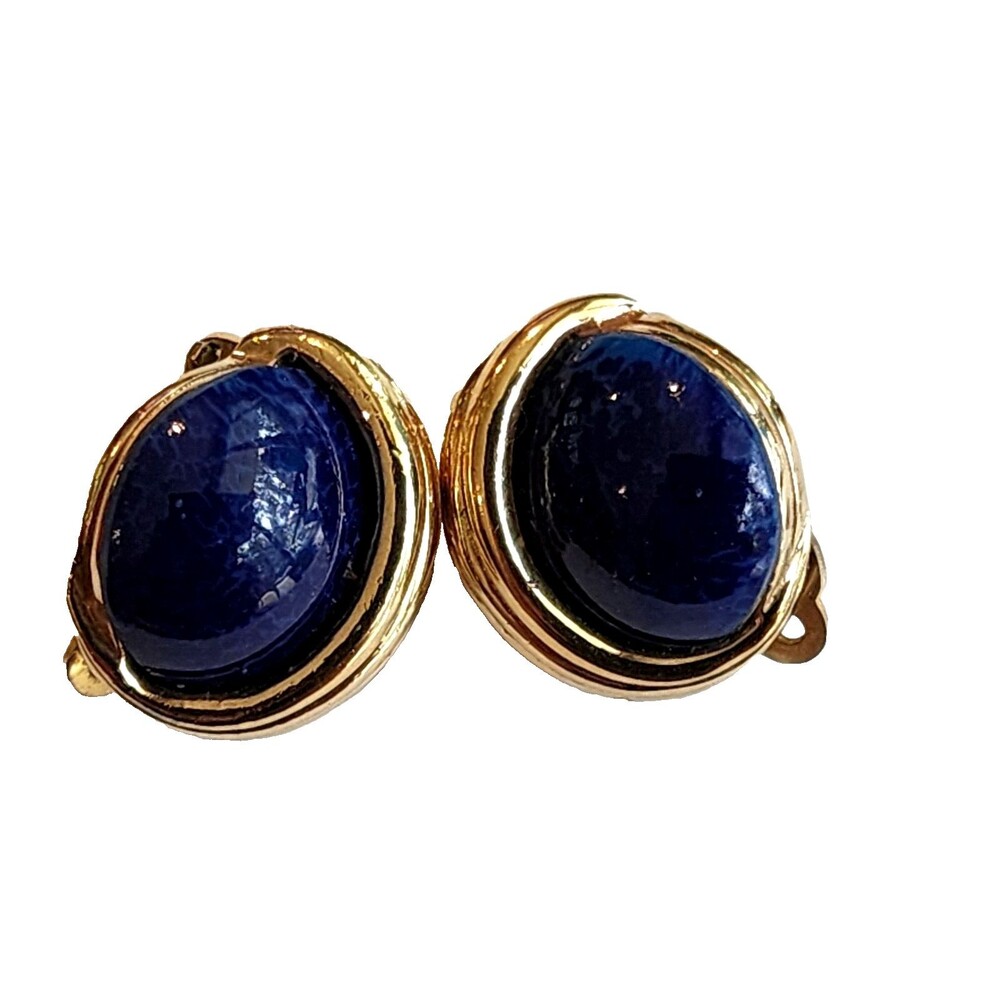VINTAGE SIGNED PANETTA FAUX LAPIS LAZULI GLASS CABOCHONS MODERNIST EARRINGS